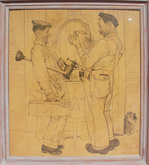 Norman Rockwell’s drawing ‘The Plumbers’ became the cover of the ‘Saturday Evening Post’ magazine dated June 2, 1951. The drawing measures 39 1/2 inches by 35 1/2 inches. Image courtesy of Bill Hood & Sons.
